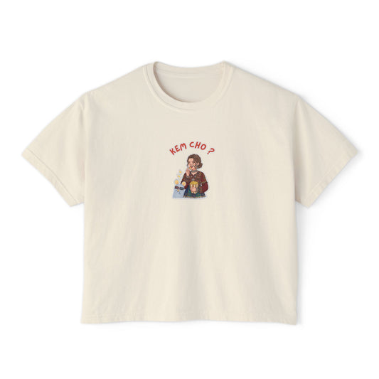 Boxy Tee — Cute Korean Phrase Graphic "Kem Cho?" Cropped Women's Tee