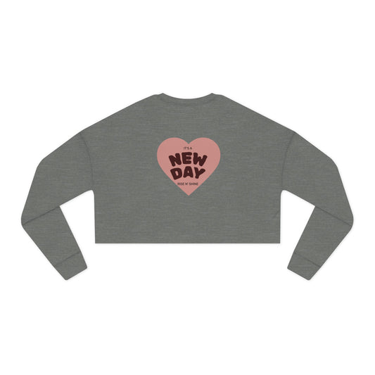 Cropped Sweatshirt — 'New Day' Heart Graphic with Retro Femme Illustration