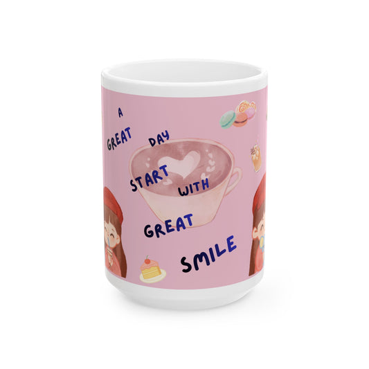Ceramic Mug — "A Great Day Starts With a Great Smile" Cute Pink Kawaii Coffee Tea Cup
