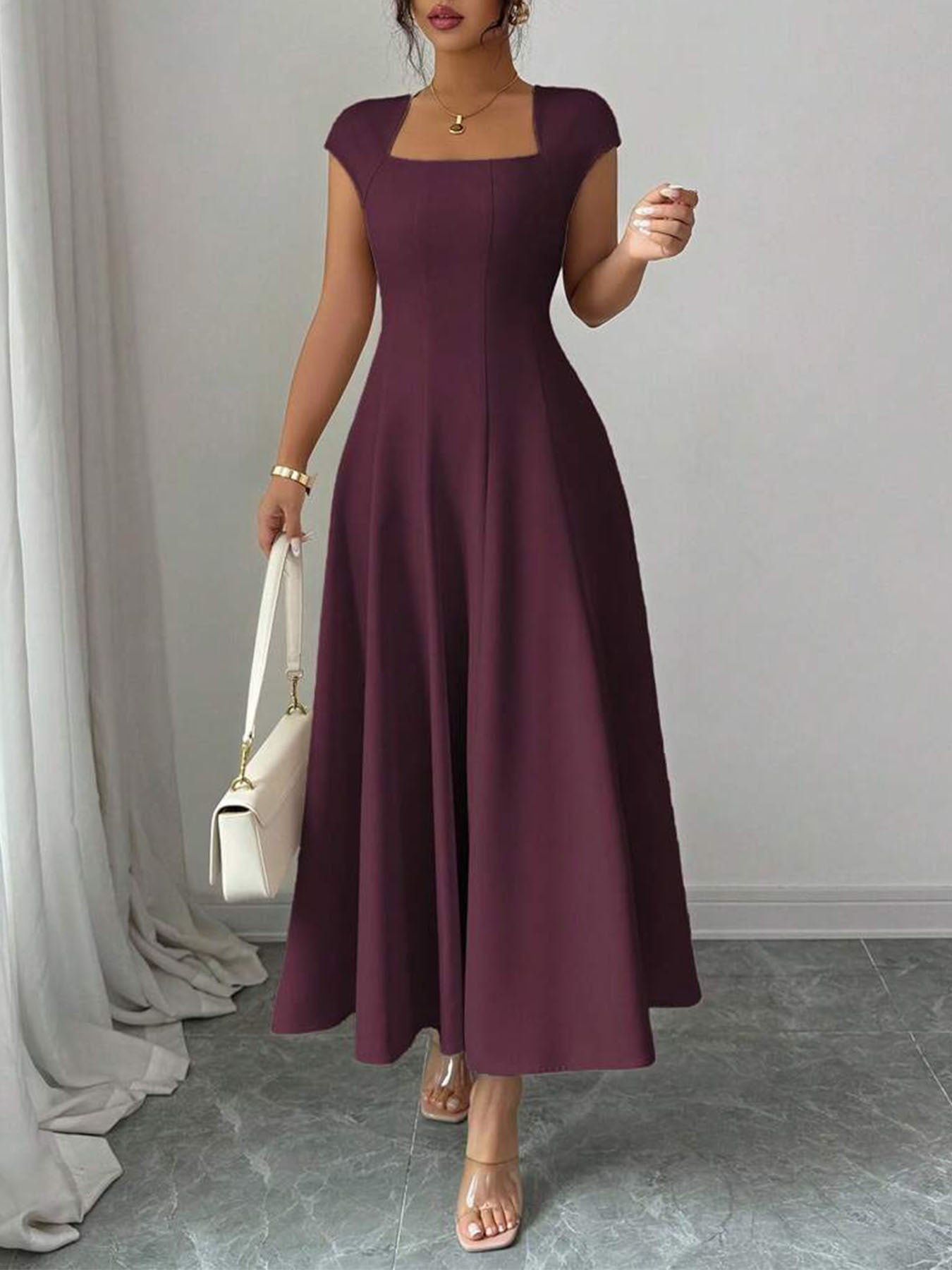 Chic Long Dress Women's Square Neck Short Sleeve Dress