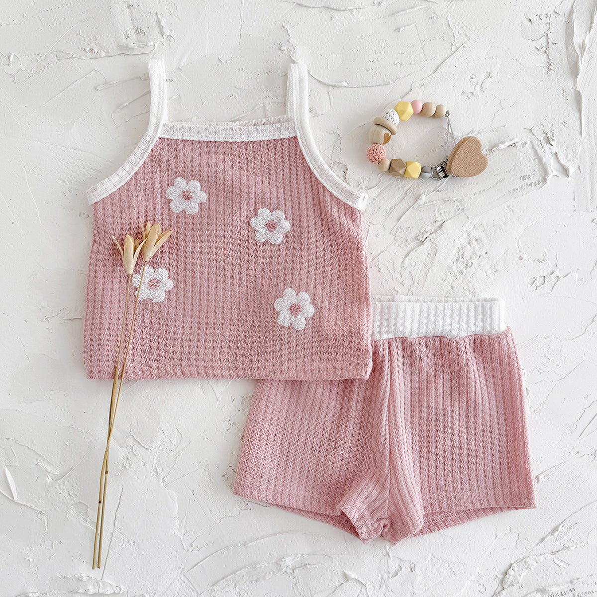 Summer flower embroidery square neck breathable two-piece set for girls