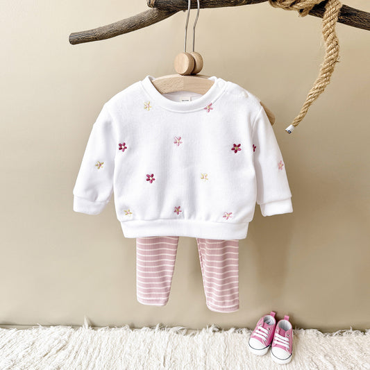 Floral embroidery pullover hoodie long sleeved long pants two-piece set