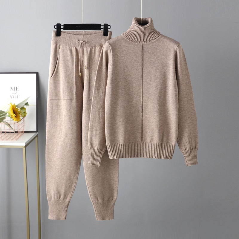 Casual Fashion Set European and American High Collar Solid Color Sweater Knitted Two Piece Set