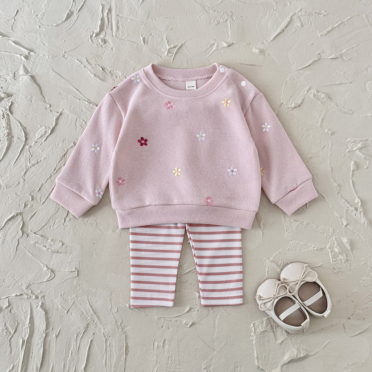 Floral embroidery pullover hoodie long sleeved long pants two-piece set