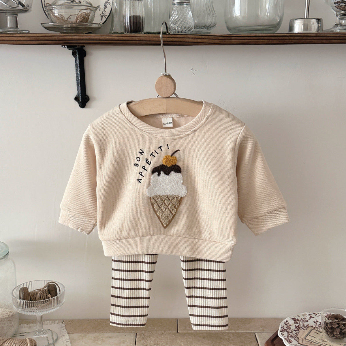 Two piece pink ice cream embroidered hoodie+striped pit pants casual set