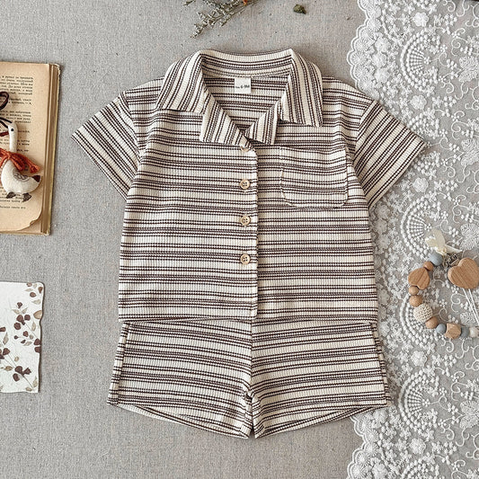 Solid color narrow stripe button set two-piece set