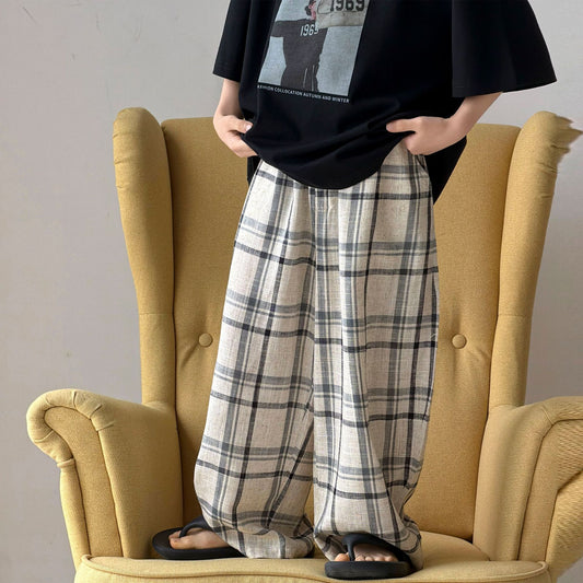 Boys' summer cotton and linen checkered pants