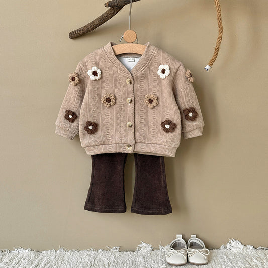 3D flower knitted cardigan set sweater+micro flared pants