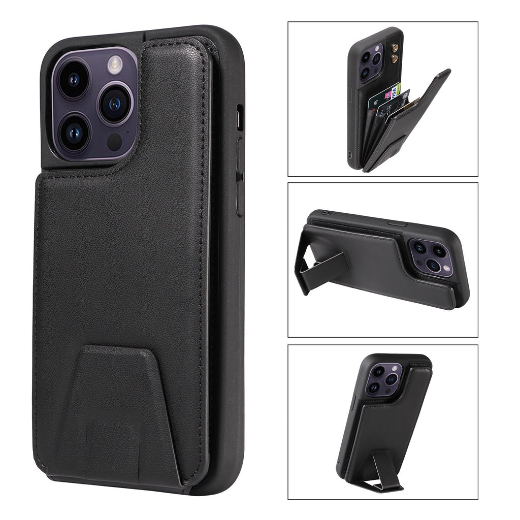 Convient pour la coque de téléphone Apple 15, étui de téléphone 13promax avec support, coque adhésive en cuir antichute 12 avec insertion de cartes en accordéon