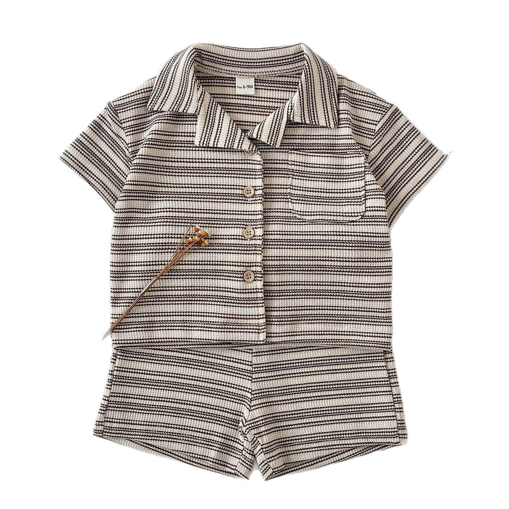Solid color narrow stripe button set two-piece set