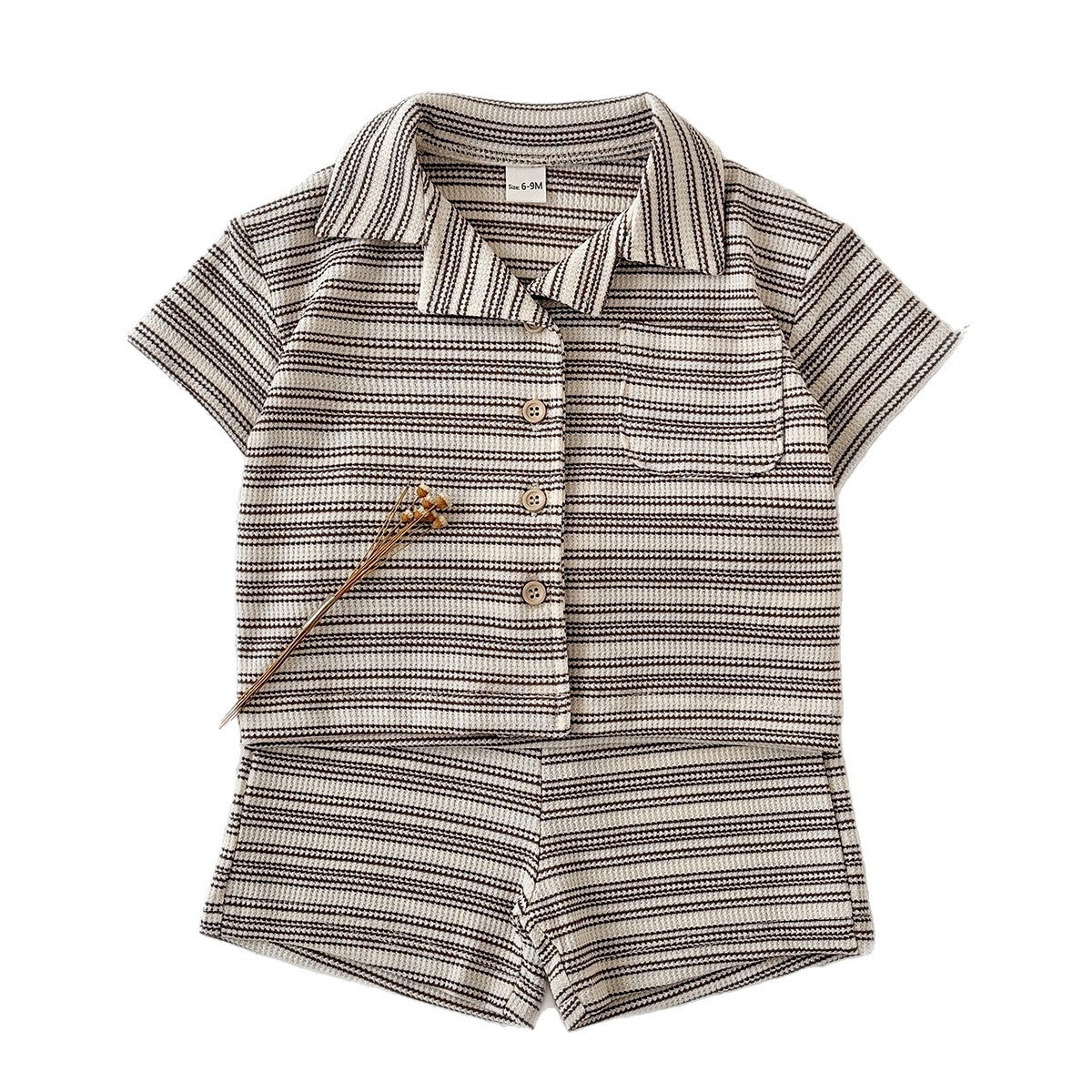 Solid color narrow stripe button set two-piece set