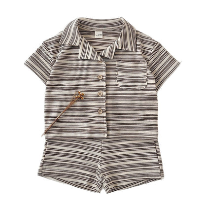 Solid color narrow stripe button set two-piece set