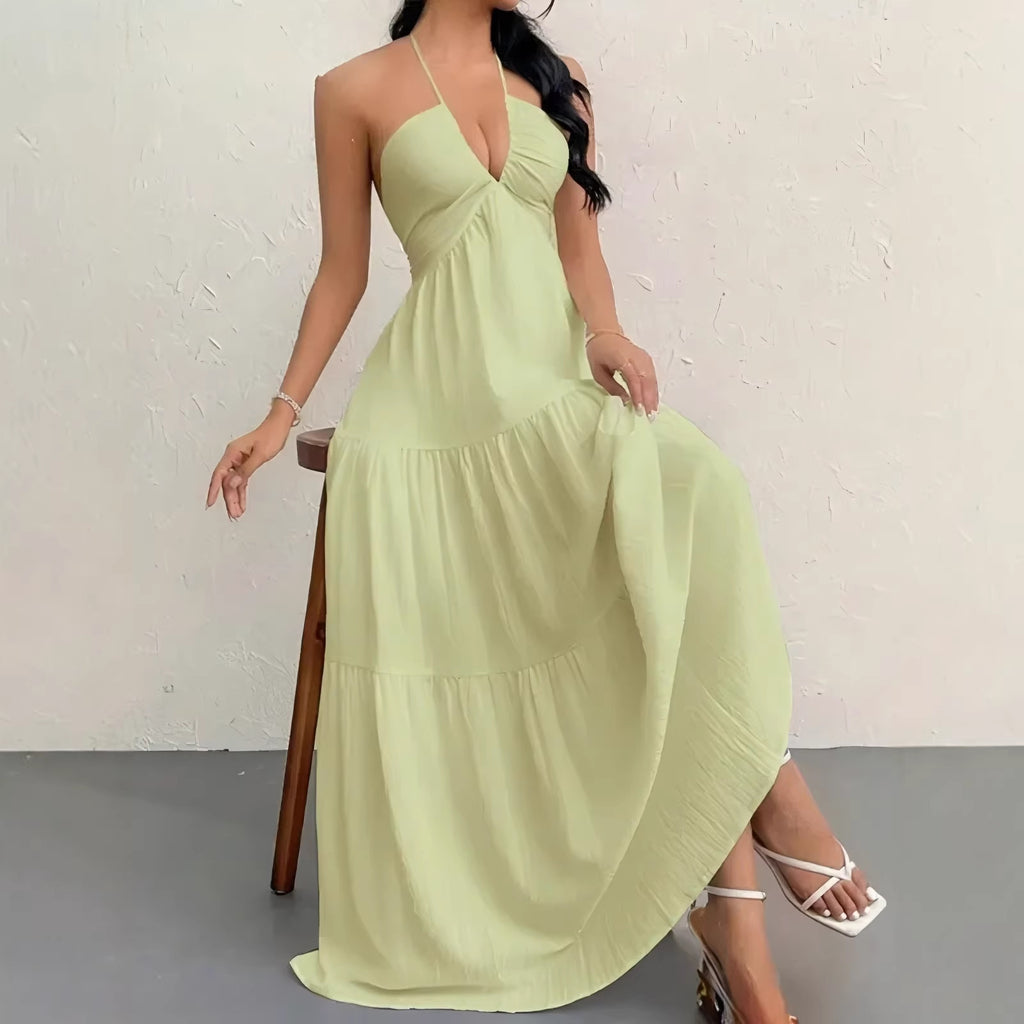 Nouvelle Robe d'Été Style Européen et Américain, Couleur Unie, Sans Bretelles, Dos Nu, Nouée, de Plage, Décontractée, à Col Halter