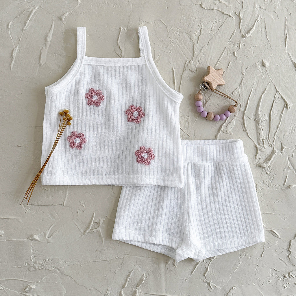 Summer flower embroidery square neck breathable two-piece set for girls