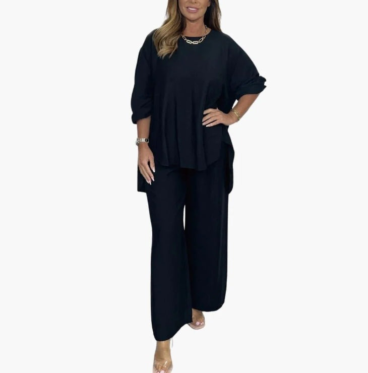 Solid color loose casual suit wide leg pants two-piece set