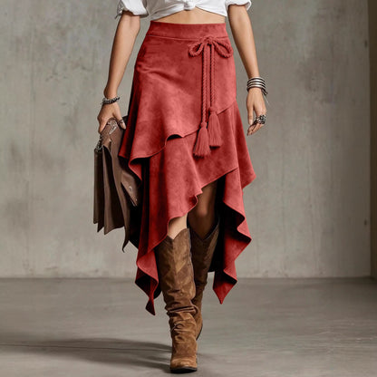 Retro Western Style Irregular Design Suede Skirt Solid Color Midi Skirt