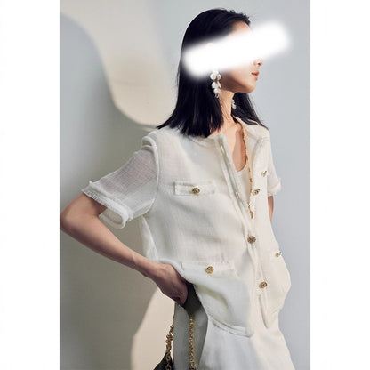 Summer Lightweight Open Front Blouse, Cotton-Polyamide Blend Cool-Feeled Short Sleeve Top with Hem Fringe, Chanel-Style Round Neck
