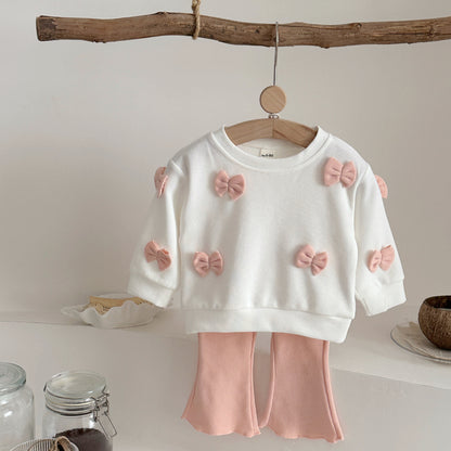 Bow decoration hoodie+high waisted elastic flared pants set