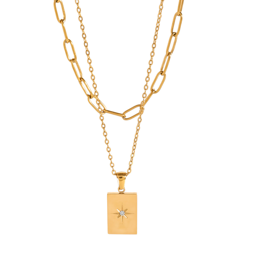 Collier à double couche avec pendentif étoile carrée en acier inoxydable