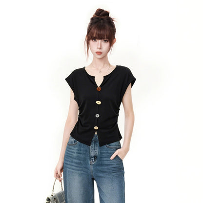 Black V-Neck Short Sleeve T-Shirt for Women, Spicy Fitted Ruched Slim Fit Top