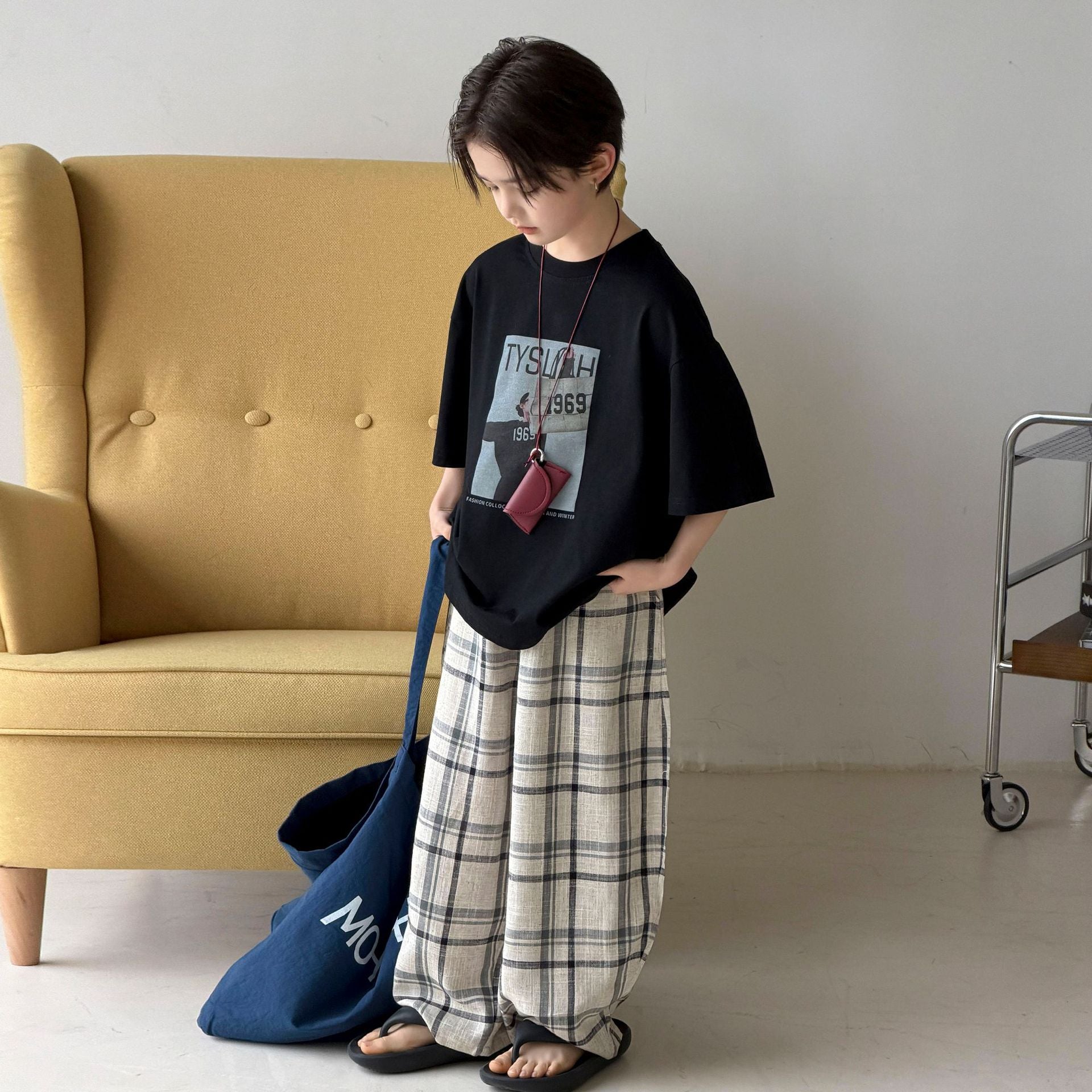 Boys' summer cotton and linen checkered pants
