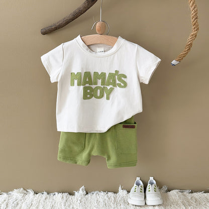 Letter sticker round neck short sleeved+solid color loose sports shorts set