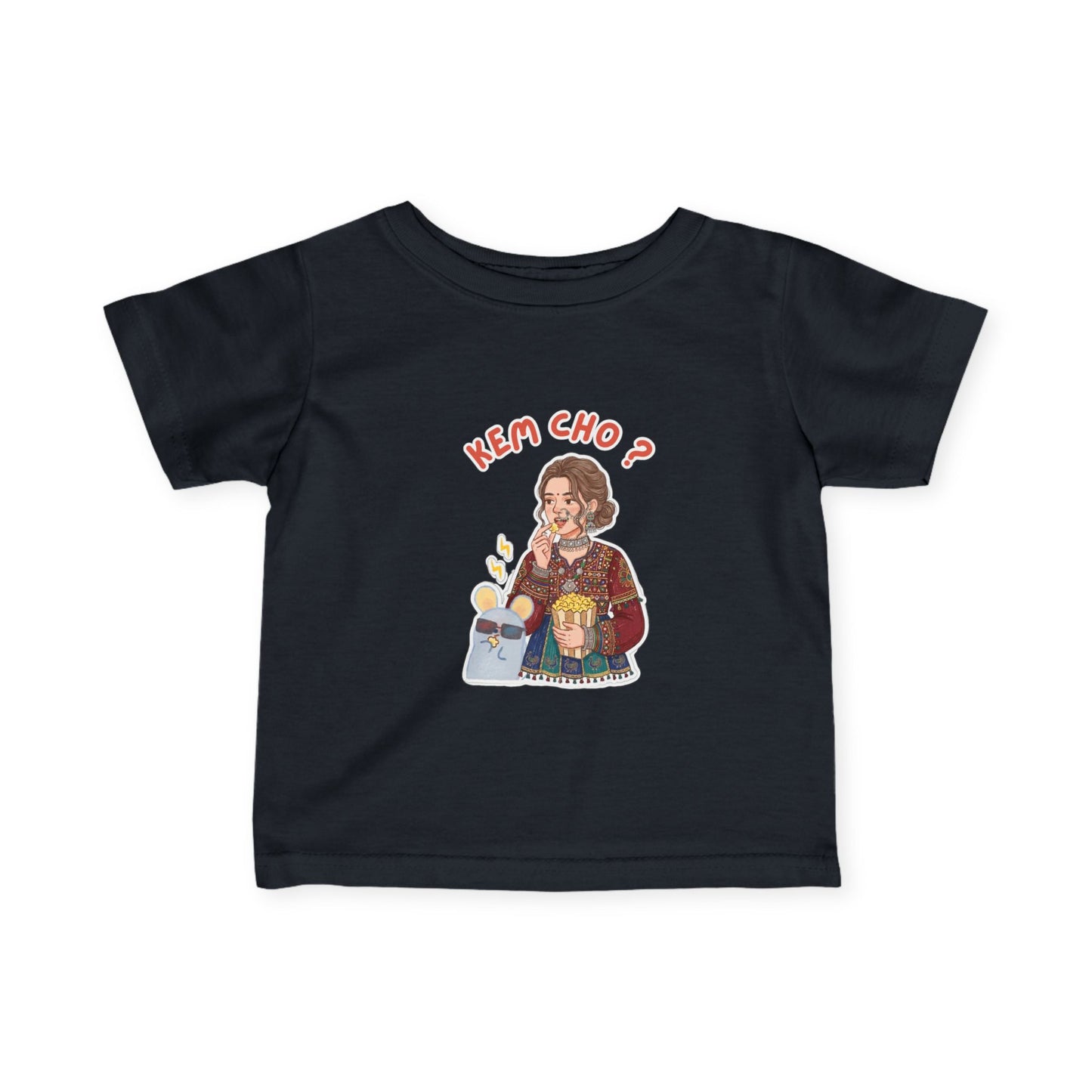 Infant Tee — "Kem Cho?" Gujarati Baby Shirt with Cute Mom & Kid Illustration