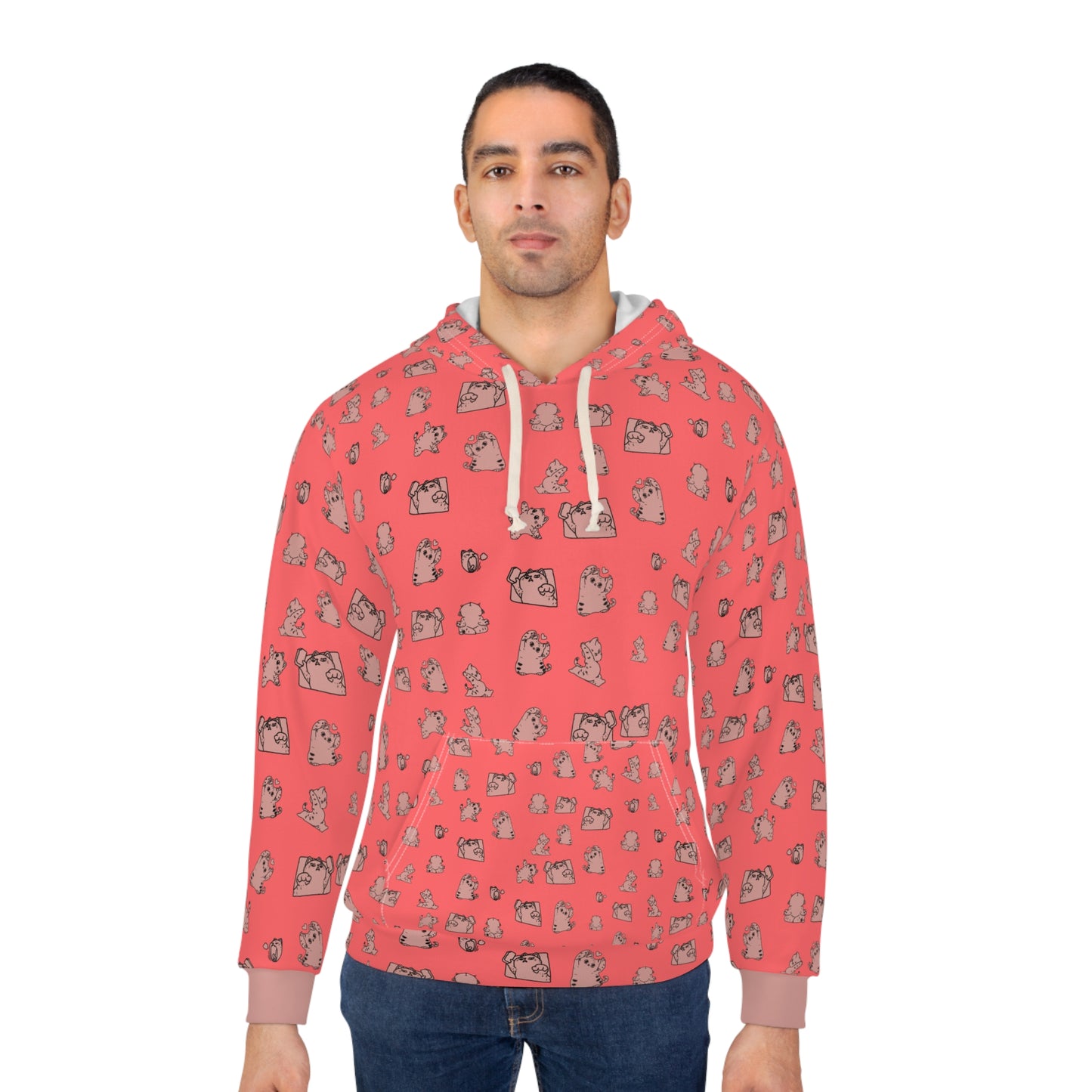 Cute Cat Pattern Hoodie – Coral All-Over Print Pullover