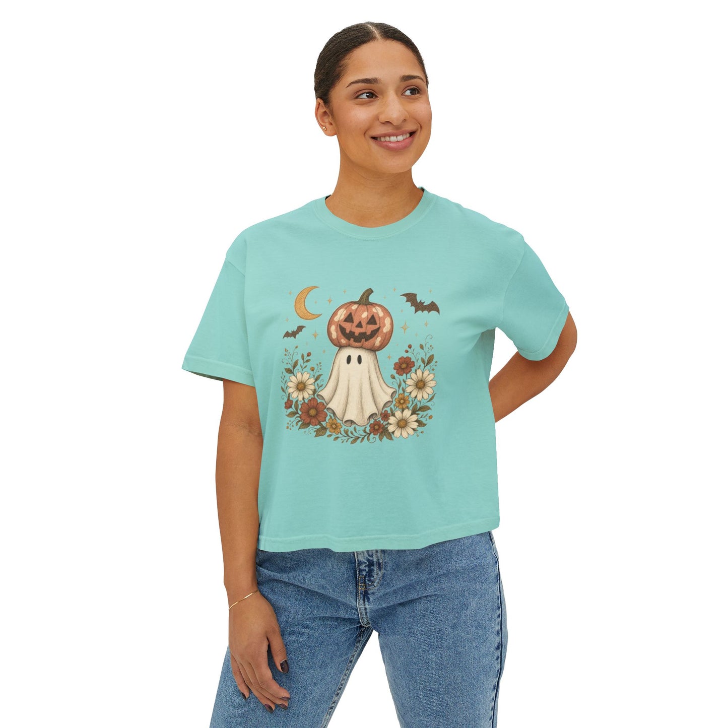 Halloween Pumpkin Ghost Floral Boxy Tee