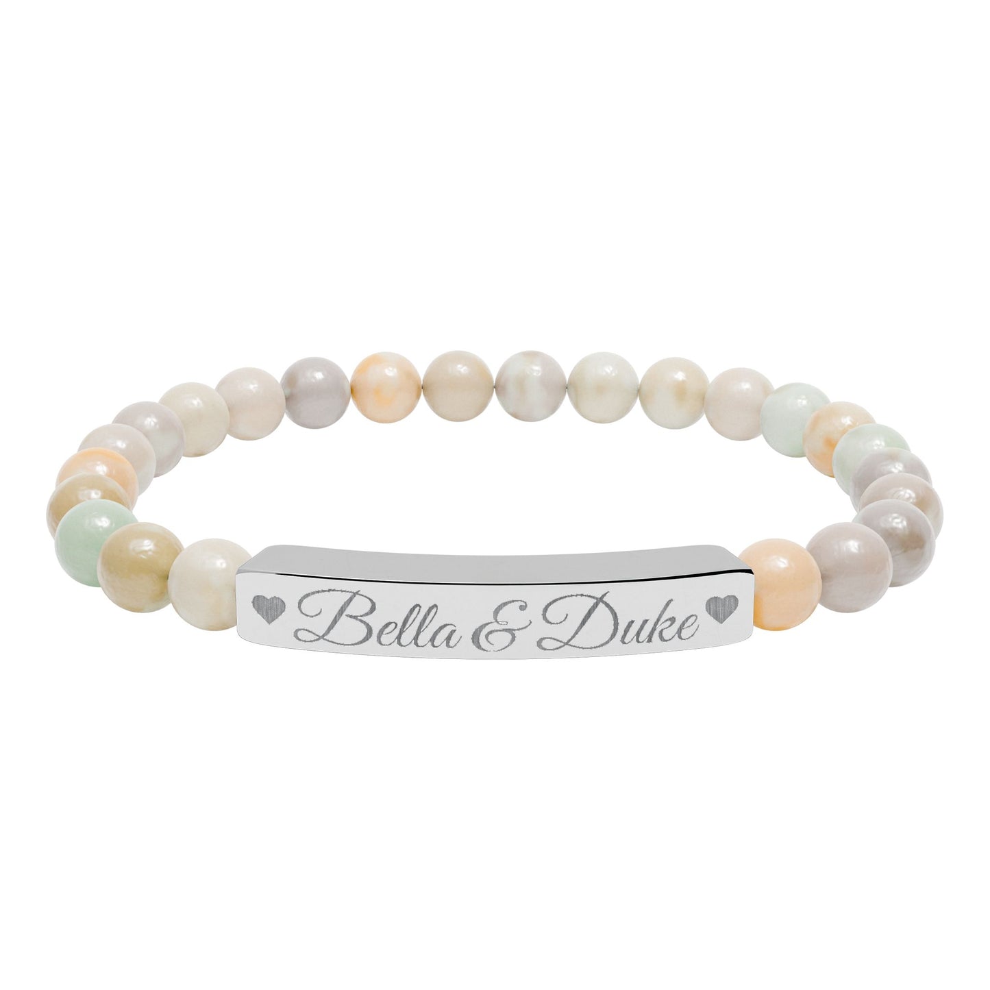 Engravable Natural Stone Bar Bracelet — Personalized Stretch Beaded Bracelet (e.g., "Bella & Duke")