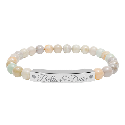 Engravable Natural Stone Bar Bracelet — Personalized Stretch Beaded Bracelet (e.g., "Bella & Duke")