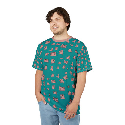 Teal All-Over Print Tee with Cute Cat Pattern