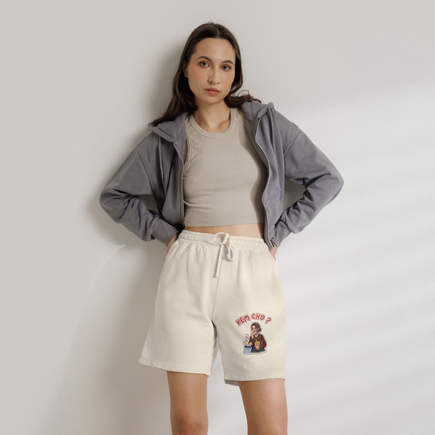 Cream Fleece Sweat Shorts with 'Kem Cho?' Cartoon Graphic