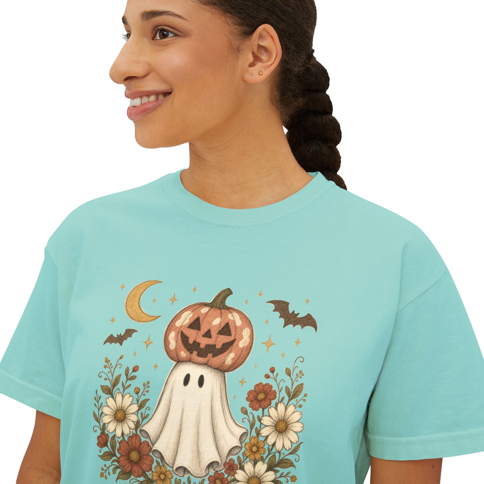 Halloween Pumpkin Ghost Floral Boxy Tee