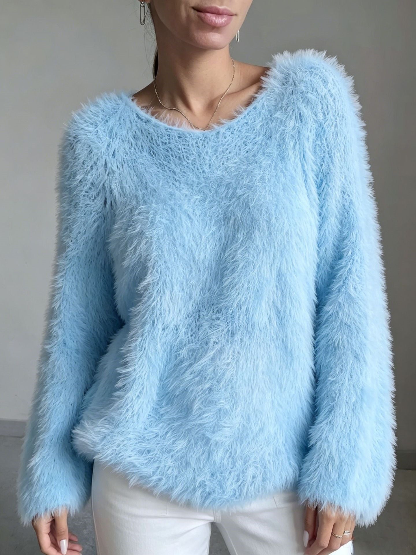 Women's macaron round neck fluffy solid color long sleeved fur top