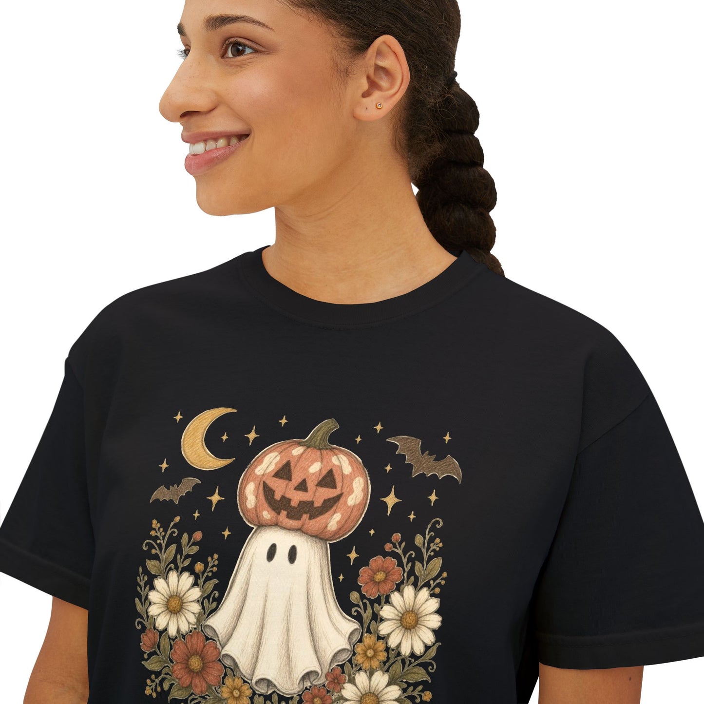 Halloween Pumpkin Ghost Floral Boxy Tee