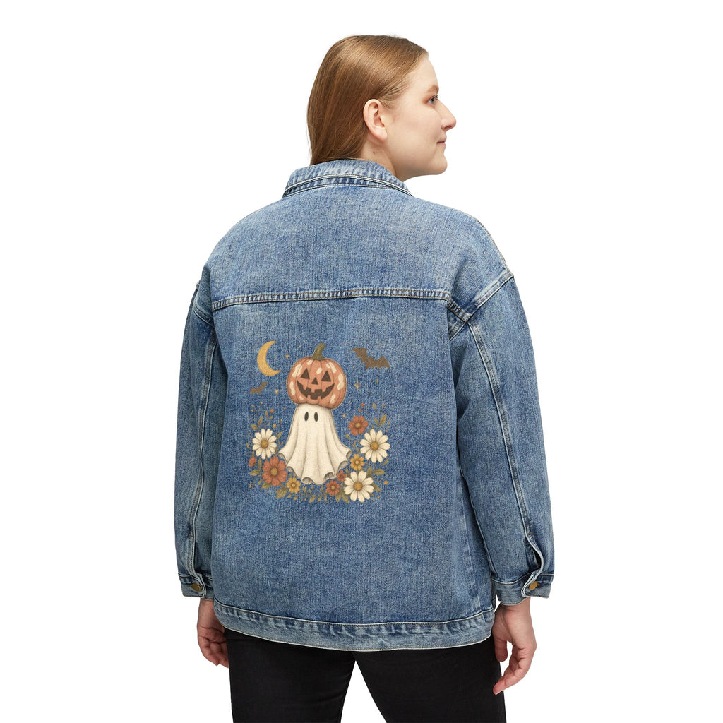 Women's Denim Jacket with Pumpkin Ghost Backprint — Cute Fall Halloween Jacket