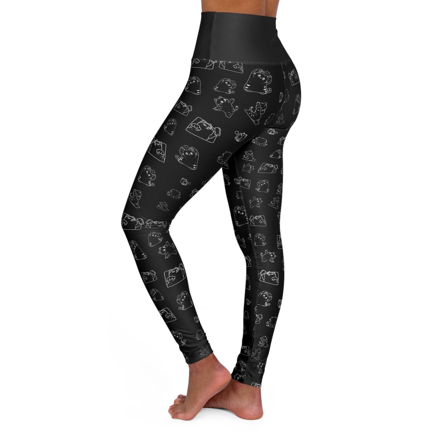 Black High-Waisted Yoga Leggings with Subtle Sketch Cat Pattern