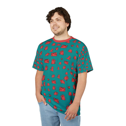 Teal All-Over Print Tee with Cute Cat Pattern