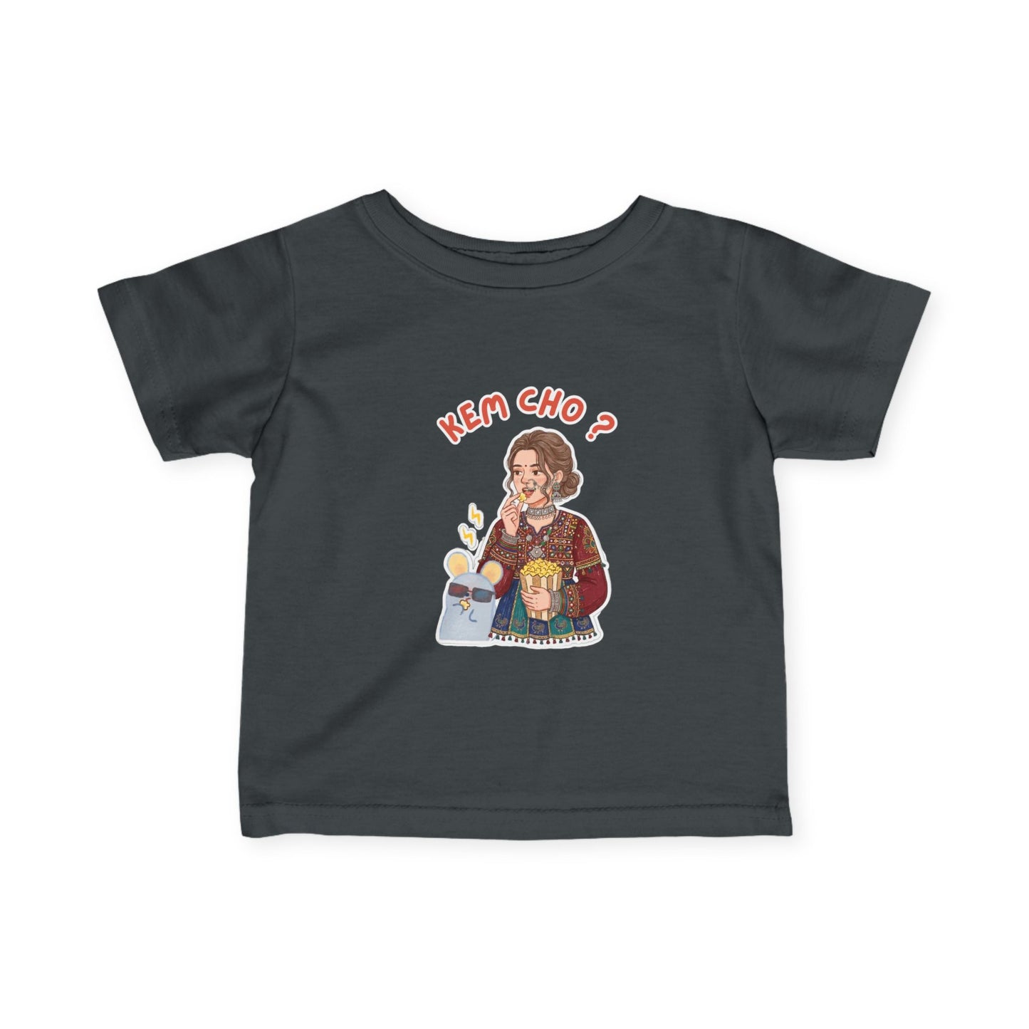 Infant Tee — "Kem Cho?" Gujarati Baby Shirt with Cute Mom & Kid Illustration