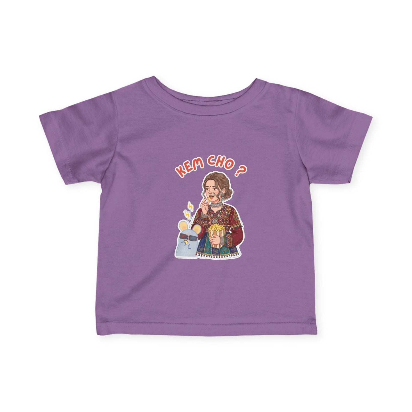 Infant Tee — "Kem Cho?" Gujarati Baby Shirt with Cute Mom & Kid Illustration