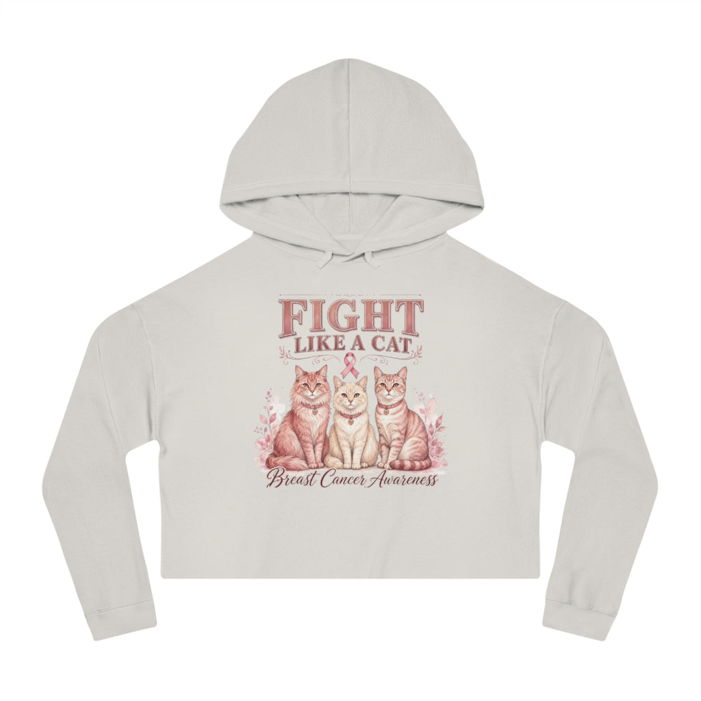 Fight Like a Cat Cropped Hoodie — Breast Cancer Awareness Women’s Sweatshirt