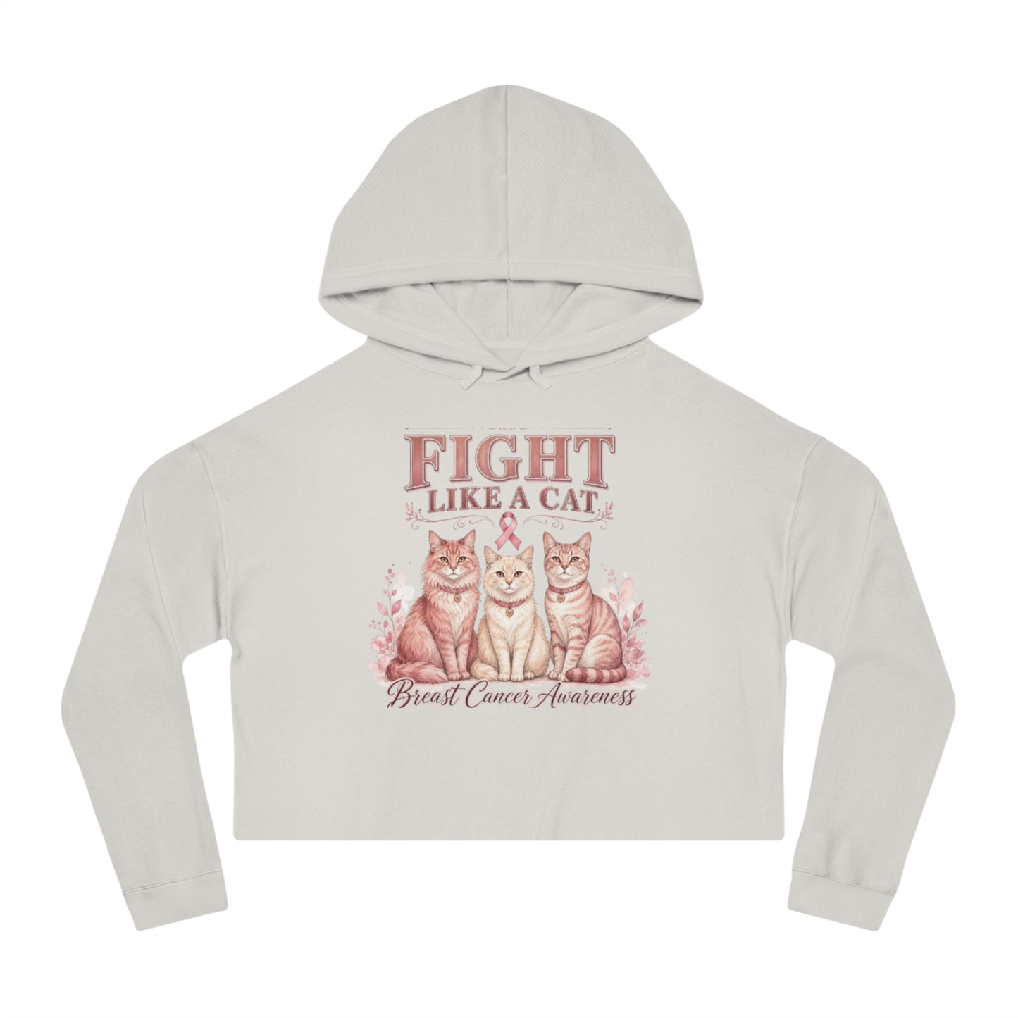 Fight Like a Cat Cropped Hoodie — Breast Cancer Awareness Women’s Sweatshirt