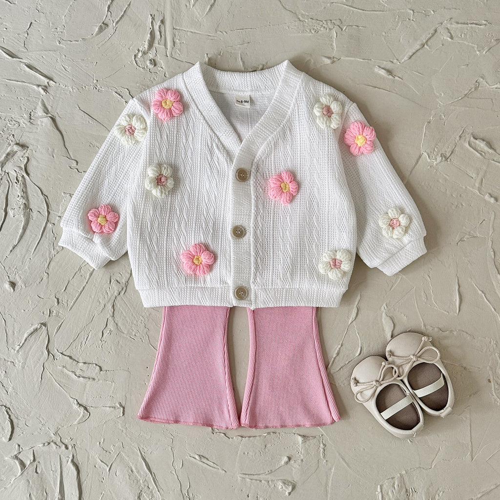 Flower sweater jacket+solid color flared pants two-piece set