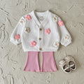Flower sweater jacket+solid color flared pants two-piece set
