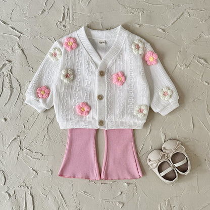 Flower sweater jacket+solid color flared pants two-piece set