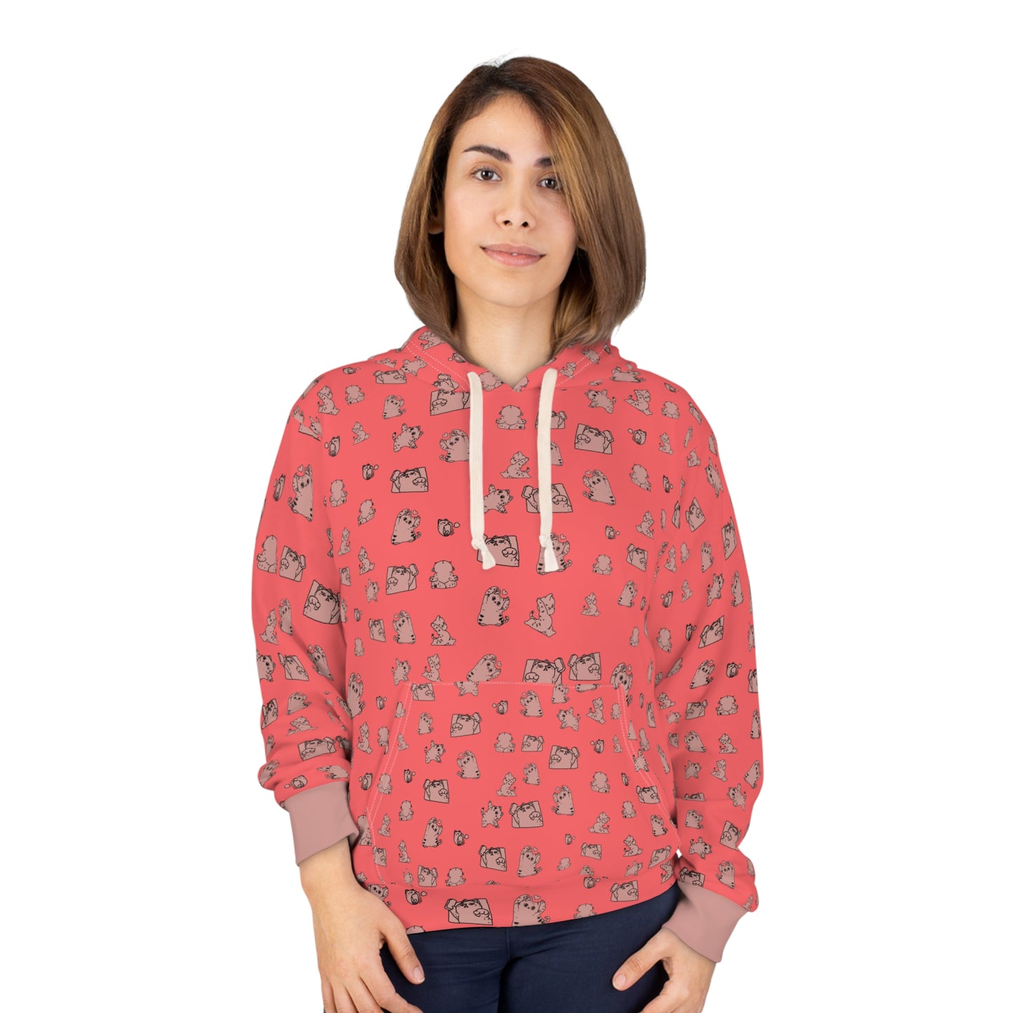 Cute Cat Pattern Hoodie – Coral All-Over Print Pullover