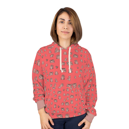 Cute Cat Pattern Hoodie – Coral All-Over Print Pullover