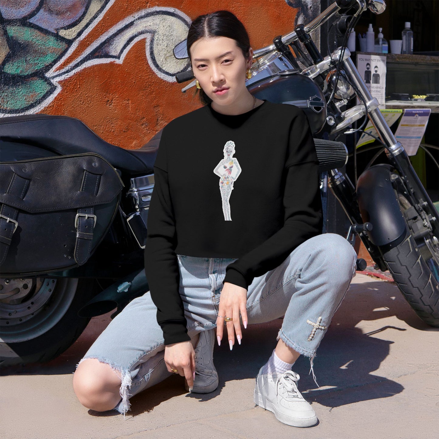 Cropped Sweatshirt — 'New Day' Heart Graphic with Retro Femme Illustration
