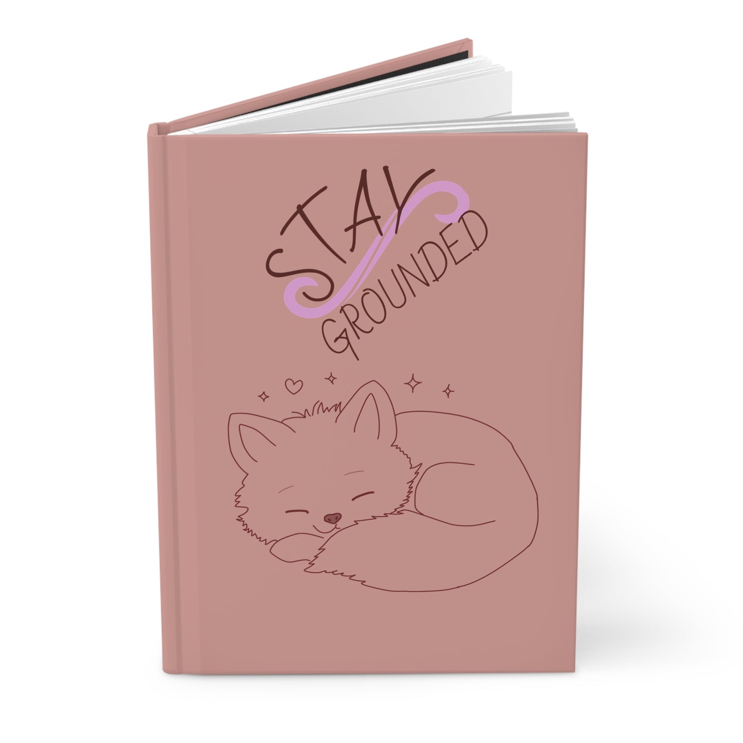 Hardcover Journal — Cute Fox & Cat 'Stay Grounded' Matte Notebook for Self-Care, Gratitude, Gift